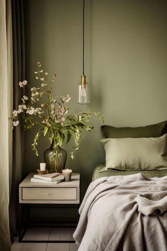 sage green bedroom with a wooden bed
