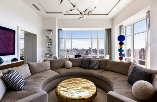Living room of apartment in Park Avenue, Manhattan, concepted by Samuel Amoia and inspired by Michelangelo's Creation of Adam with a sculpture of Annie Morris
