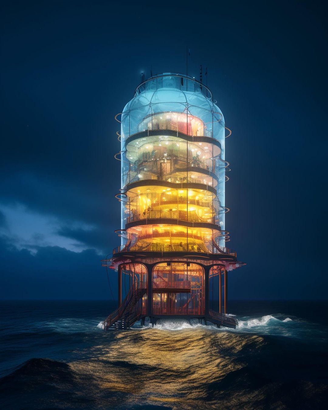 Futuristic transparent building in the middle of the ocean by Shail Patel