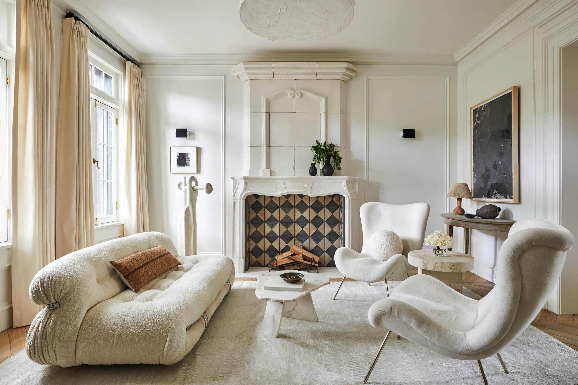 Neutral living room in historic building in washington dc, designed by Jeremiah Brent