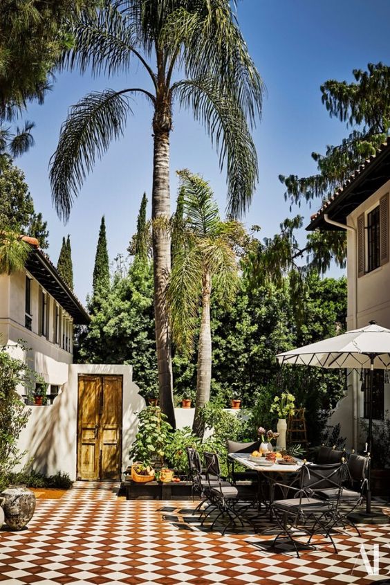 orange squared tiles in outdoor living space