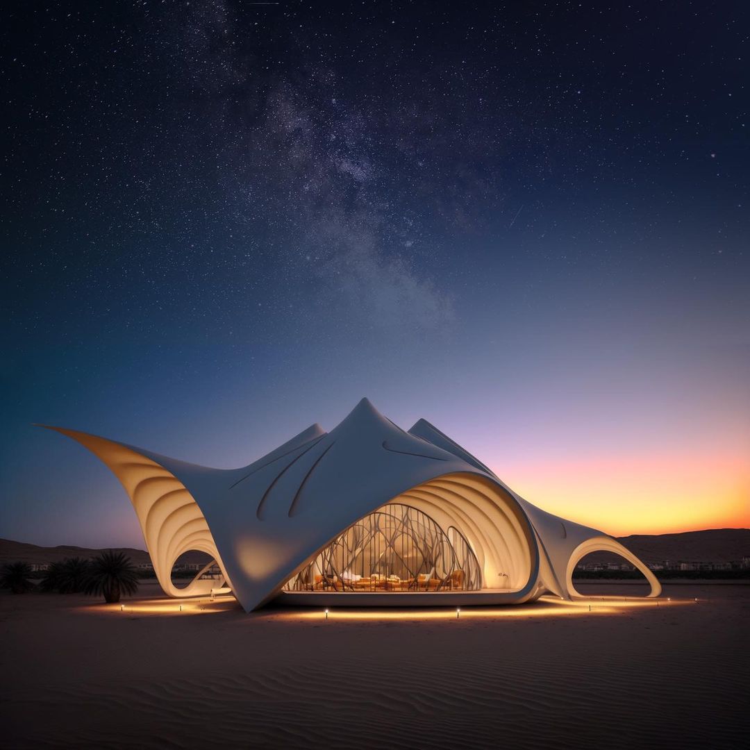 A luxury sustainable glamping architecture in the desert designed by Tim fu on midjourney