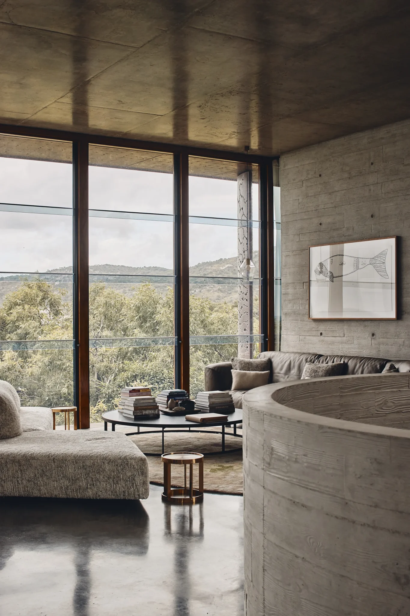brutalist living room with landscape view