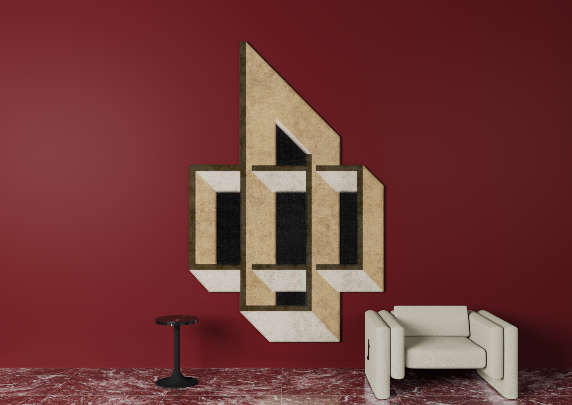 luxe corner with red backdrop, geometric wall rug, and midcentury modern armchair