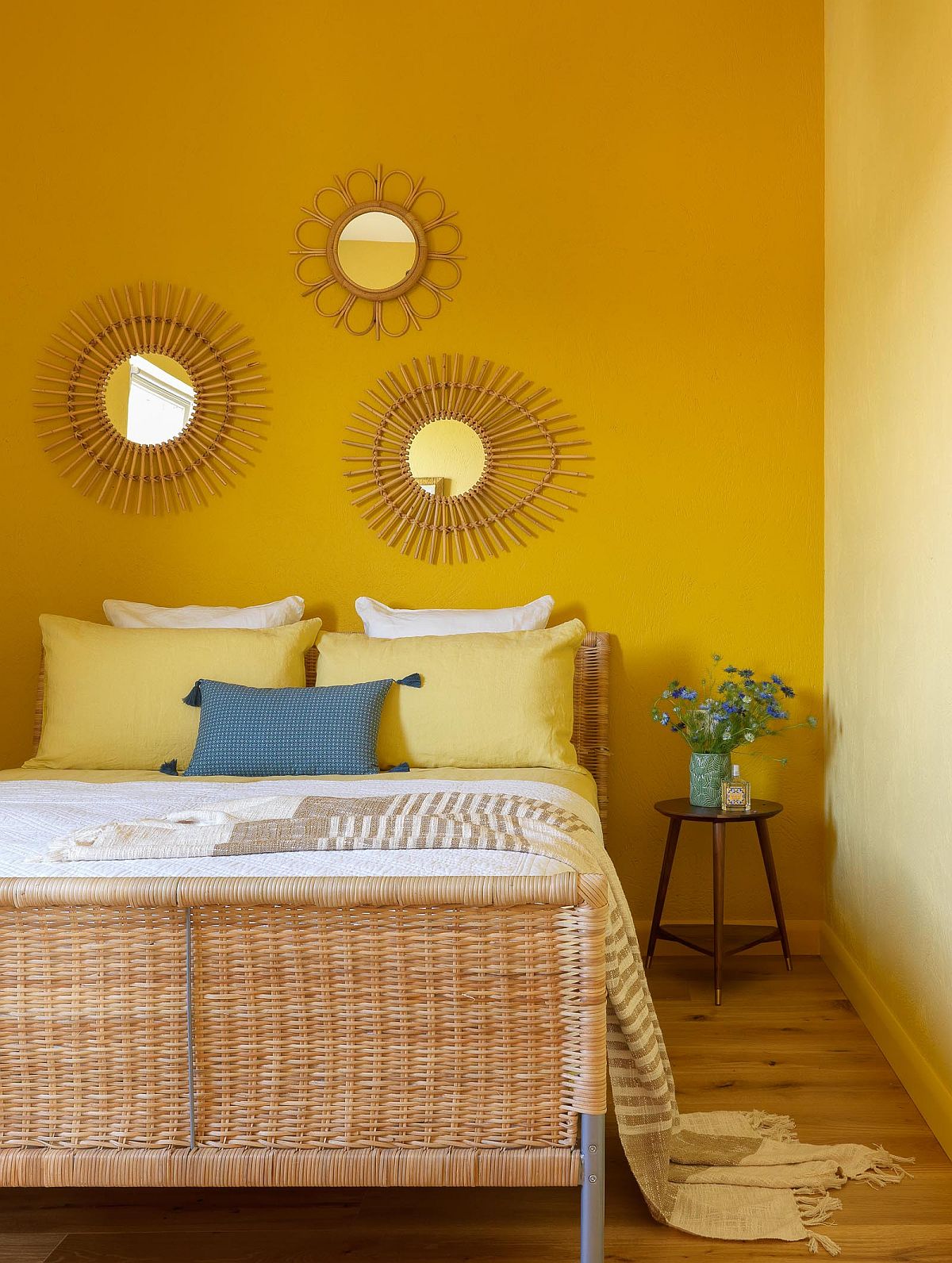 Yellow wall bedroom, boho style and minimalist