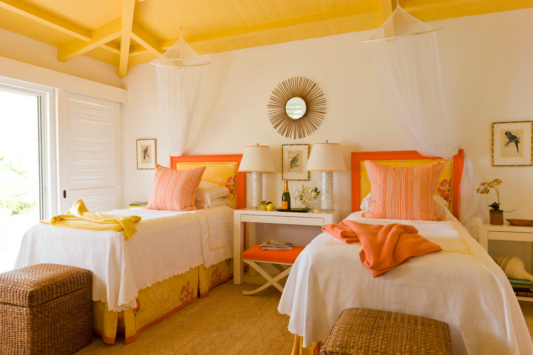 yellow ceiling two bed bedroom