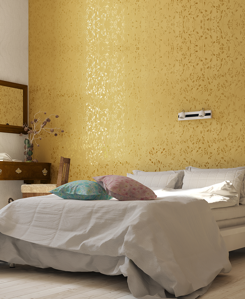 A cozy bedroom with textured yellow walls a comfortable bed, and a stylish dresser