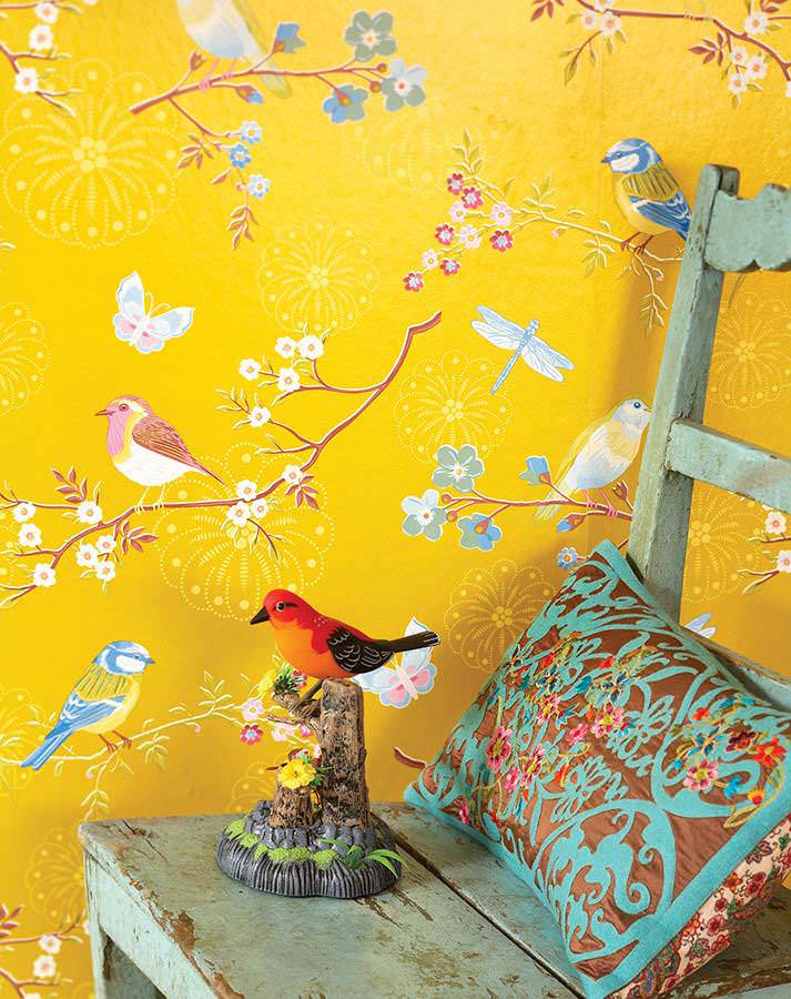 Yellow wallpaper with drawings